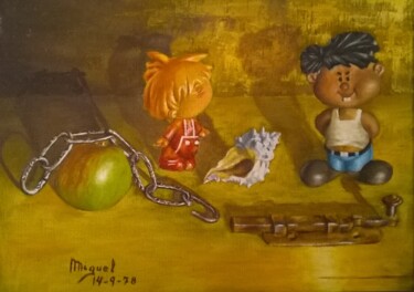 Schilderij getiteld "Juguetes (jouets)" door Mi-Guel, Origineel Kunstwerk, Olie