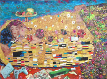 Colagens intitulada "Uvas y queso" por Mi-Guel, Obras de arte originais, Colagens