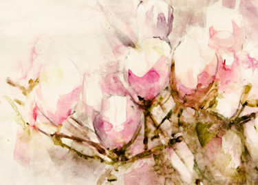 Peinture intitulée "Magnolia" par Mia Van Hoofstat, Œuvre d'art originale, Aquarelle Monté sur Panneau de bois