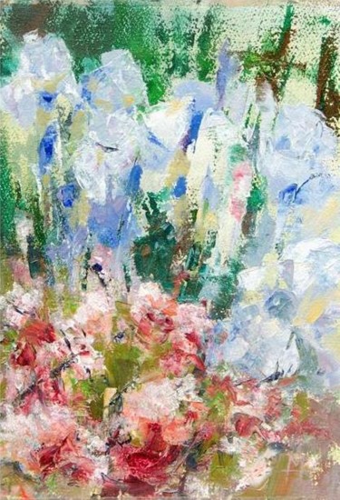 Schilderij getiteld "Het bloemenperk" door Mia Van Hoofstat, Origineel Kunstwerk, Olie