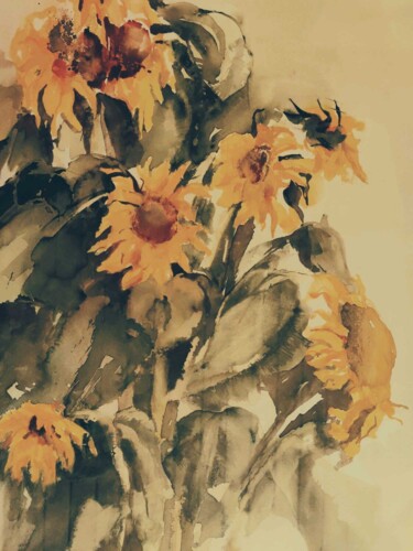 Malerei mit dem Titel "Sonnenblumen" von Mia Van Hoofstat, Original-Kunstwerk, Aquarell