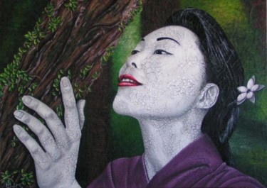 Peinture intitulée "Geisha à l'arbre" par Chrystel Mialet, Œuvre d'art originale, Huile