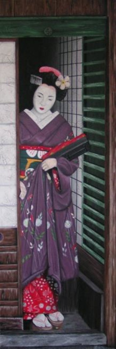 Peinture intitulée "Geisha à la porte…" par Chrystel Mialet, Œuvre d'art originale, Huile