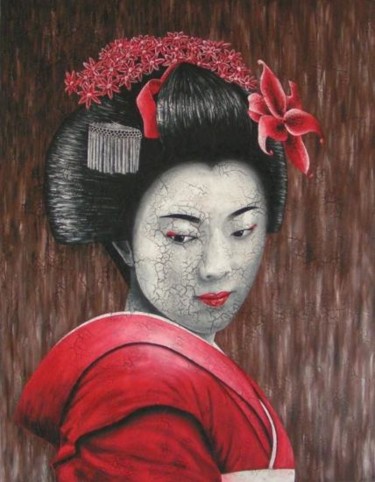 Peinture intitulée "portrait geisha rou…" par Chrystel Mialet, Œuvre d'art originale