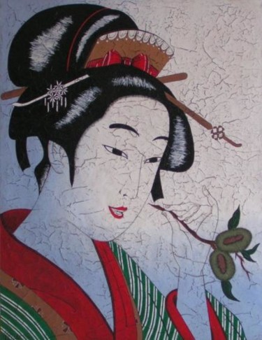 Peinture intitulée "estampe geisha à la…" par Chrystel Mialet, Œuvre d'art originale