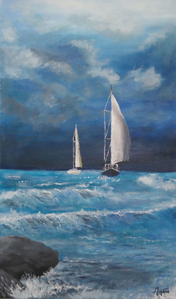 Painting titled "Boats and Blue shad…" by Miaven, Original Artwork, Acrylic
