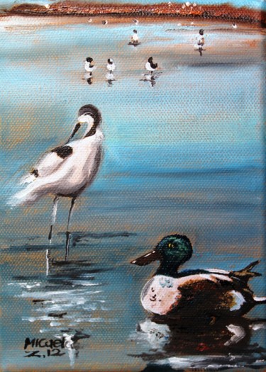 Painting titled "Uccelli in Salina d…" by Micaela Zannoni, Original Artwork, Oil