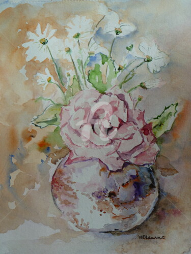Peinture intitulée "Rose au vase rose" par Marie Claude Laurent, Œuvre d'art originale, Aquarelle
