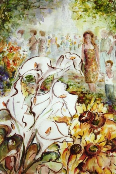 Painting titled "arums au marché aux…" by Marie Claude Laurent, Original Artwork, Oil