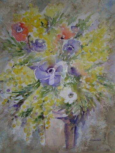 Peinture intitulée "anémones et mimosas" par Marie Claude Laurent, Œuvre d'art originale