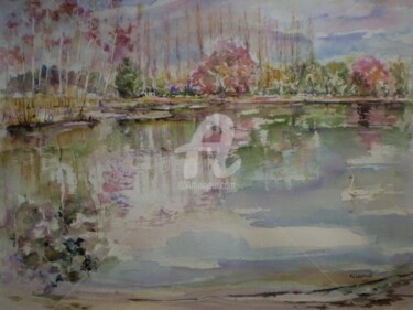 Peinture intitulée "lac au cygne" par Marie Claude Laurent, Œuvre d'art originale