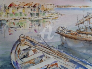 Peinture intitulée "barques et cabanes…" par Marie Claude Laurent, Œuvre d'art originale, Aquarelle