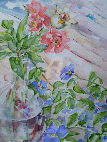 Peinture intitulée "fleurs de grenadier…" par Marie Claude Laurent, Œuvre d'art originale, Aquarelle