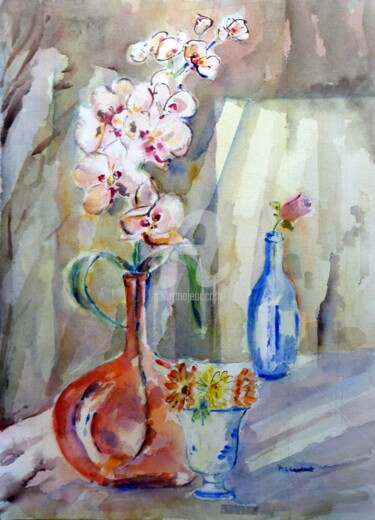 Peinture intitulée "Orchidée au vase or…" par Marie Claude Laurent, Œuvre d'art originale, Aquarelle