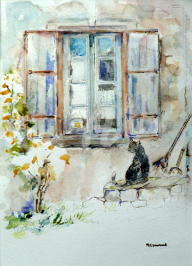 Peinture intitulée "fenêtre et chat" par Marie Claude Laurent, Œuvre d'art originale