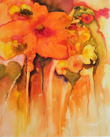 Painting titled "grosse fleur orange…" by Dominique Kuehn, Original Artwork, Watercolor