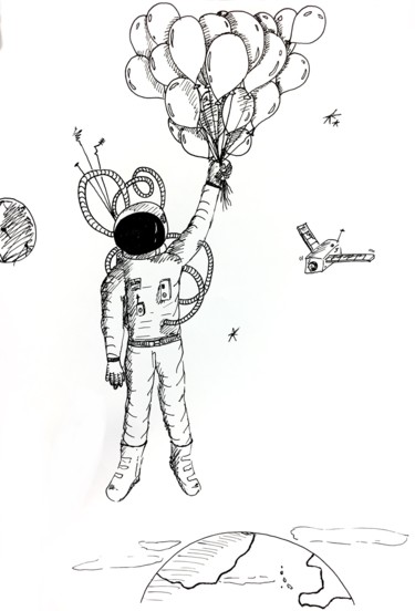 "cosmonaute-aux-ball…" başlıklı Resim Dominique Kuehn tarafından, Orijinal sanat, Mürekkep