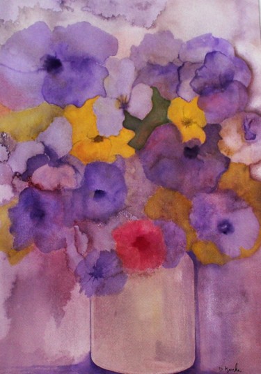 Painting titled "bouquet violet et j…" by Dominique Kuehn, Original Artwork, Watercolor