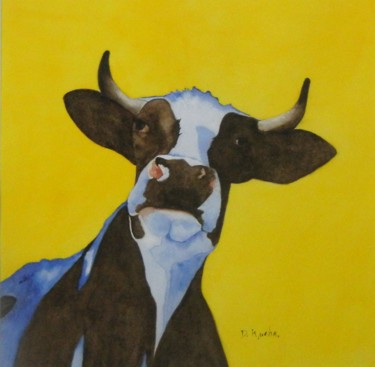 Painting titled "vache, vous avez di…" by Dominique Kuehn, Original Artwork, Watercolor