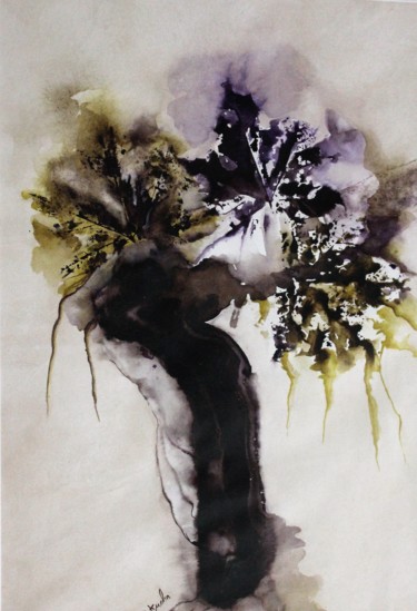 Painting titled "tronc et feuilles #…" by Dominique Kuehn, Original Artwork, Watercolor