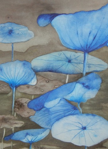 Malarstwo zatytułowany „lotus bleus #artist…” autorstwa Dominique Kuehn, Oryginalna praca, Akwarela