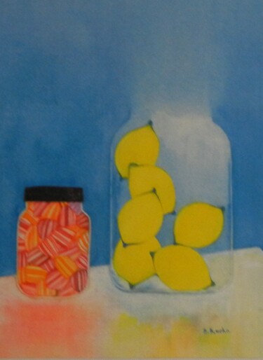 Painting titled "citrons et berlingo…" by Dominique Kuehn, Original Artwork, Watercolor