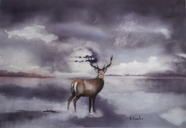 Peinture intitulée "le cerf" par Dominique Kuehn, Œuvre d'art originale, Aquarelle