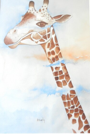 Painting titled "girafe dans les nua…" by Dominique Kuehn, Original Artwork, Watercolor