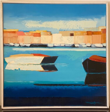 Painting titled "Le Petit Port" by Micha, Original Artwork, Oil Mounted on Wood Stretcher frame