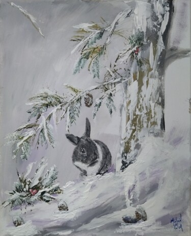 Painting titled "Petit lapin en hiver" by Michael Calon, Original Artwork, Acrylic Mounted on Wood Stretcher frame