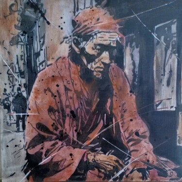 Painting titled "Moine bouddhiste" by Michael Calon, Original Artwork, Ink Mounted on Wood Stretcher frame