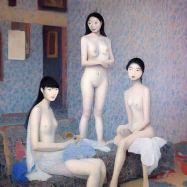 Malerei mit dem Titel "Three Models retro" von Michael Cheung, Original-Kunstwerk, Acryl Auf Keilrahmen aus Holz montiert