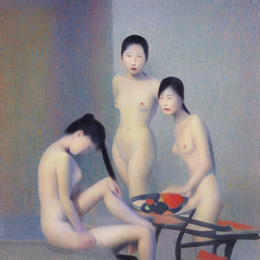 Schilderij getiteld "Three Models retro 2" door Michael Cheung, Origineel Kunstwerk, Acryl Gemonteerd op Frame voor houten b…