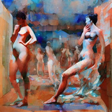 「Bathers」というタイトルの絵画 Michael Cheungによって, オリジナルのアートワーク, アクリル ウッドストレッチャーフレームにマウント