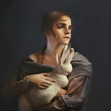 Malerei mit dem Titel "Lady With a Rabbit" von Michael Cheung, Original-Kunstwerk, Acryl Auf Keilrahmen aus Holz montiert