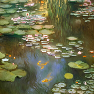 「Lotus Pond」というタイトルの絵画 Michael Cheungによって, オリジナルのアートワーク, アクリル ウッドストレッチャーフレームにマウント