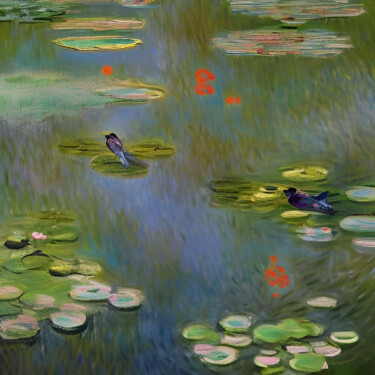 Painting titled "Birds on Lotus Pond" by Michael Cheung, Original Artwork, Acrylic Mounted on Wood Stretcher frame