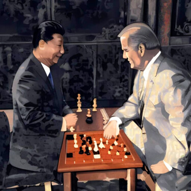 Painting titled "The Chess Players" by Michael Cheung, Original Artwork, Acrylic Mounted on Wood Stretcher frame