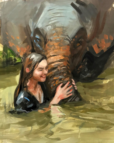 Painting titled "Woman with elephant" by Michael Connors, Original Artwork, Oil
