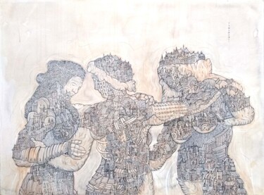 Dibujo titulada "Les trois grâces" por Michael Hebert, Obra de arte original, Tinta Montado en Bastidor de camilla de madera