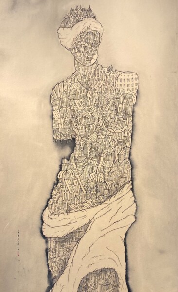Σχέδιο με τίτλο "Milo" από Michael Hebert, Αυθεντικά έργα τέχνης, Μελάνι Τοποθετήθηκε στο Ξύλινο φορείο σκελετό