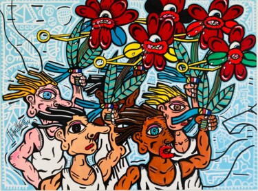 Painting titled "Fleurs olympiques" by Michael Hebert, Original Artwork, Acrylic Mounted on Wood Stretcher frame