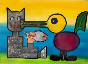 Malerei mit dem Titel "Vogel beißt Katze .…" von Michael Henning, Original-Kunstwerk, Acryl