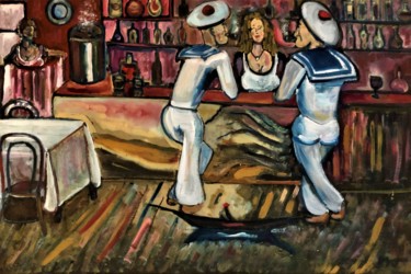 Painting titled "2 Sailors in a Bar" by Michael Kent, Original Artwork, Oil Mounted on Other rigid panel