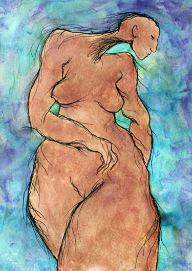 Painting titled "Medusa Unbound" by Michael Lawrence, Original Artwork, Ink Mounted on Cardboard