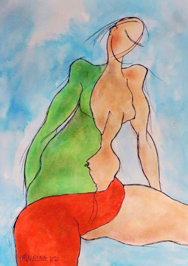 Painting titled "Lady in Red" by Michael Lawrence, Original Artwork, Ink Mounted on Cardboard