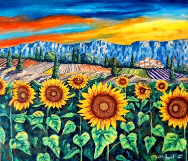 Painting titled "Les tournesols, cou…" by Michael Le Lann, Original Artwork, Oil Mounted on Wood Stretcher frame