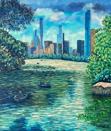 Painting titled "Central park" by Michael Le Lann, Original Artwork, Oil Mounted on Wood Stretcher frame