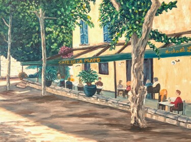 「Café de la place, S…」というタイトルの絵画 Michael Le Lannによって, オリジナルのアートワーク, オイル ウッドストレッチャーフレームにマウント