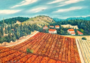 Peinture intitulée "champ de vignes en…" par Michael Le Lann, Œuvre d'art originale, Huile Monté sur Châssis en bois
